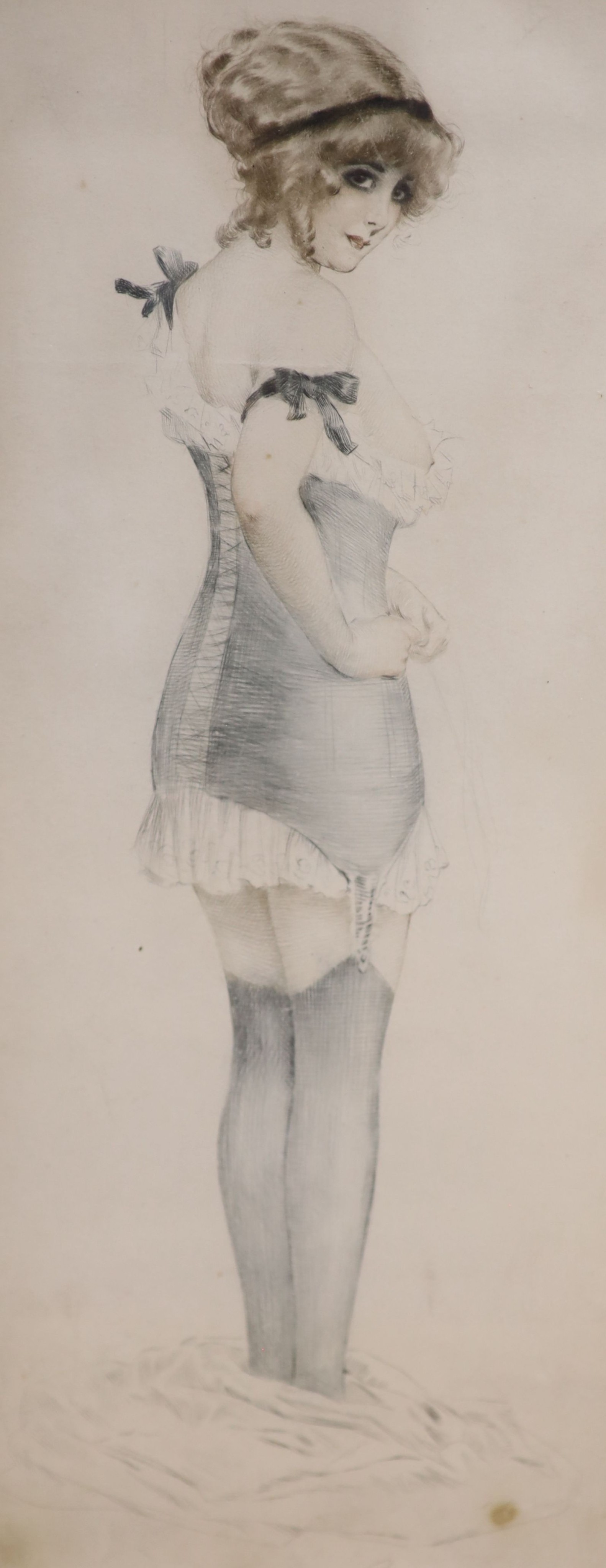Three Continental coloured drypoint etchings, signed, circa 1913, posing young ladies, largest 39 x 18cm.